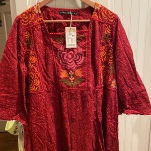 Gudrun Sjoden Red Midi Dress with Floral Embroidery